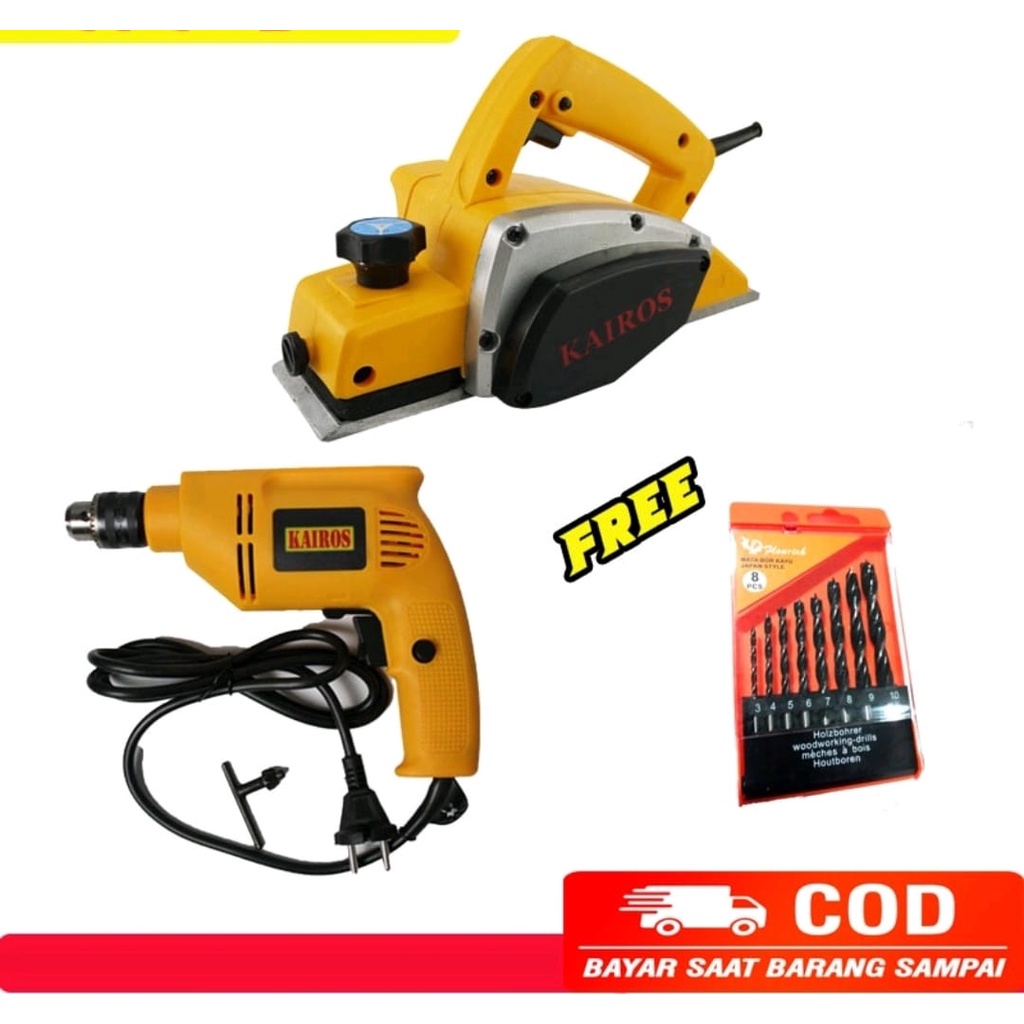 PAKET TUKANG 2 ITEM MESIN PLANNER KAIROS N9700B + BOR KAIROS 10 MM KUNING +MATA BOR KAYU SET