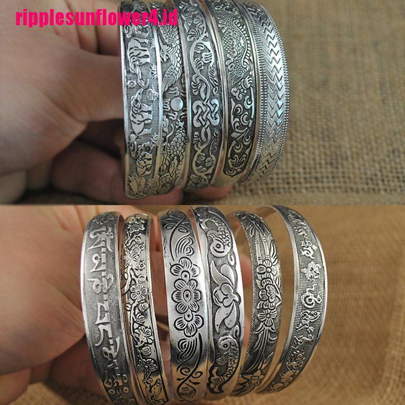 Cincin Model Terbuka Desain Ukiran Totem Tibet Retro Vintage Warna Silver