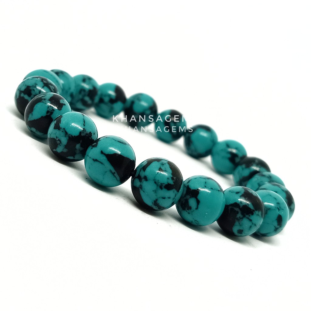 Gelang Batu Pirus Xinjiang Diameter 8mm dan 10mm Tali Shambala dan Elastis