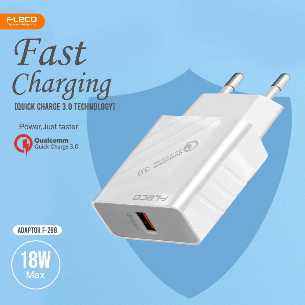 Charger Travel Adaptor FLECO F-298 Colokan USB Fast Charging Qualcomm QC3.0 Cas Quick Charging + Vooc