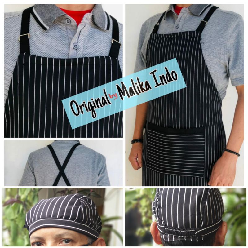 Jual Paket HEMAT Topi Chef+APRON Salur Silang bahan Tebal Stretch Bagus