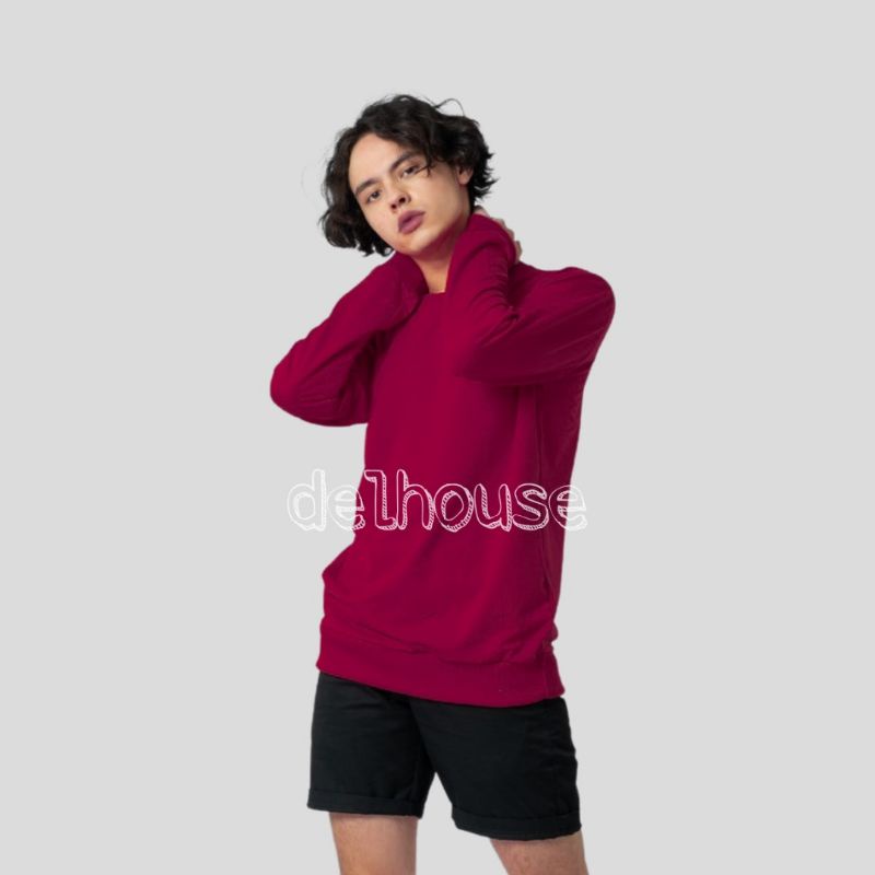 Merah Maroon Sweater Crewneck Basic Polos Sweatshirt S M L XL XXL Unisex Pria Wanita