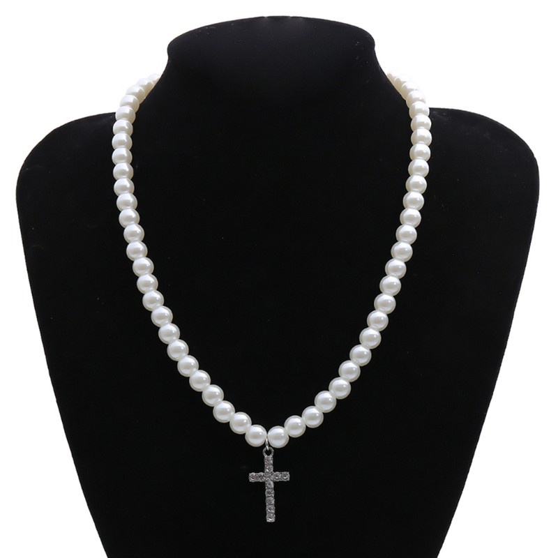 Glitter Imitation Pearls Chain Vintage Artificial Diamond Cross Pendant Necklace Jewelry