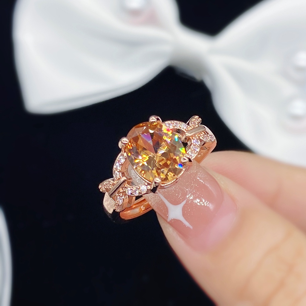 Permata Sampanye Cincin Baja Titanium Kristal Rose Gold Berlian Fashion Wanita Pertunangan Pernikahan Rings