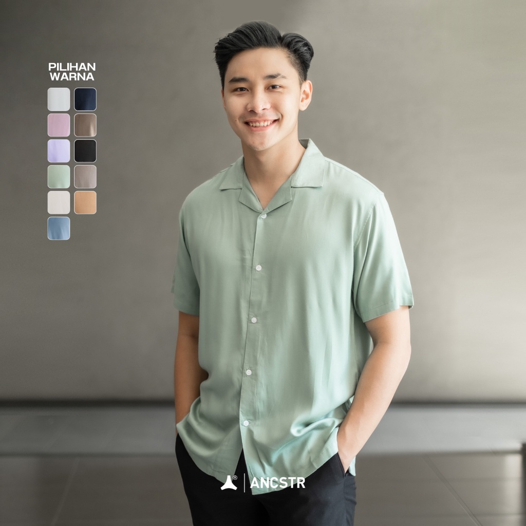 Kemeja Pria Lengan Pendek Kerah V Neck Rayon Polos Kasual Nyaman Premium - ANCSTR