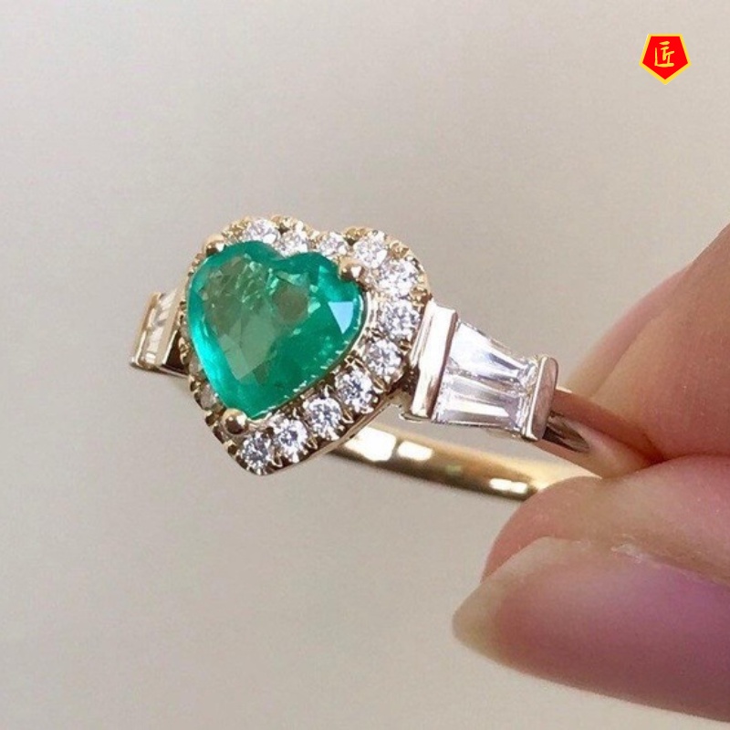 [Ready Stock]Simple Fashion Heart-Shaped Emerald Ring Female 18K Gold