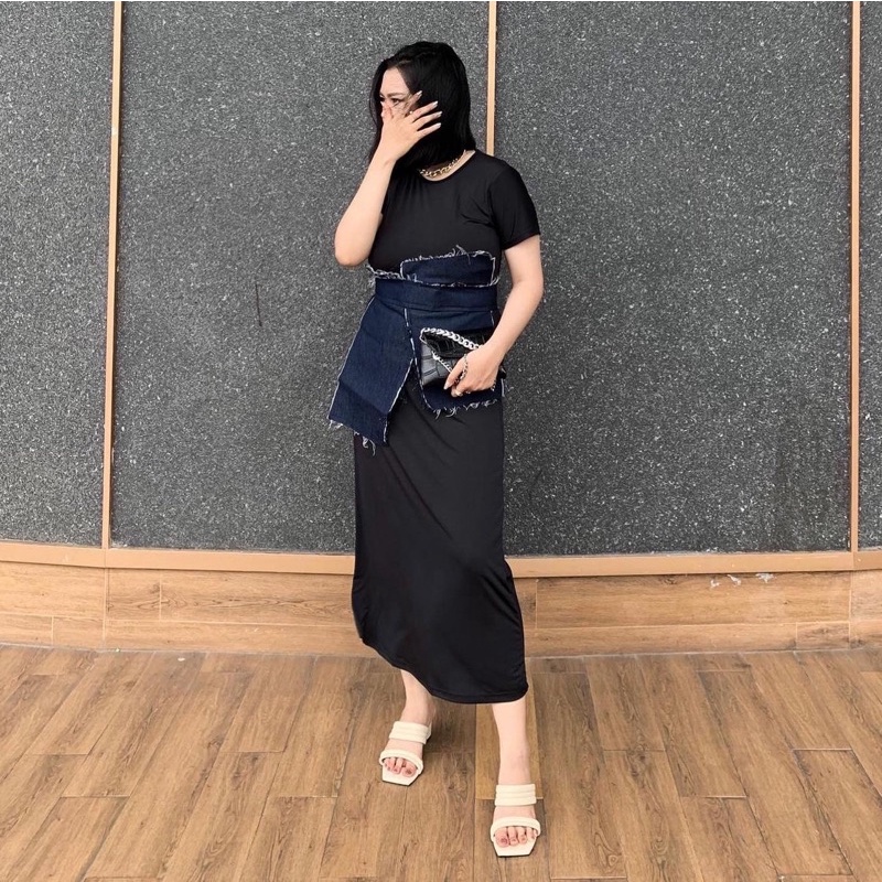 AXL long dress - dress panjang lengan pendek inner dress lengan pendek black dress gamis hitam