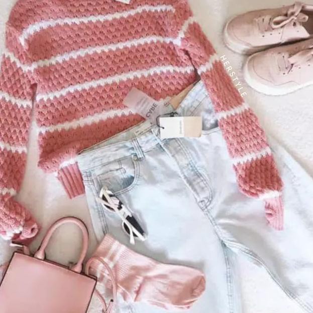 SWEATER POPCORN RAJUT WANITA /POPCORN SWEATER /ATASAN RAJUT WANITA POPCORN STRIPE