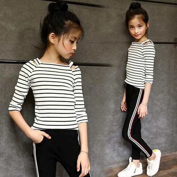 atasan fashion import anak perempuan garis hitam putih polos