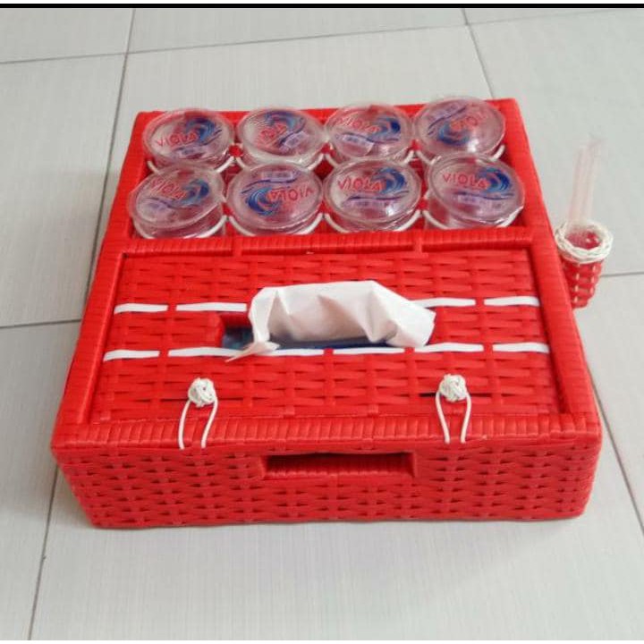 2 in 1 TEMPAT AQUA GELAS DAN TEMPAT TISU ROTAN PLASTIK WADAH TISU REMPAT SERBAGUNA TISU & AKUA GELAS