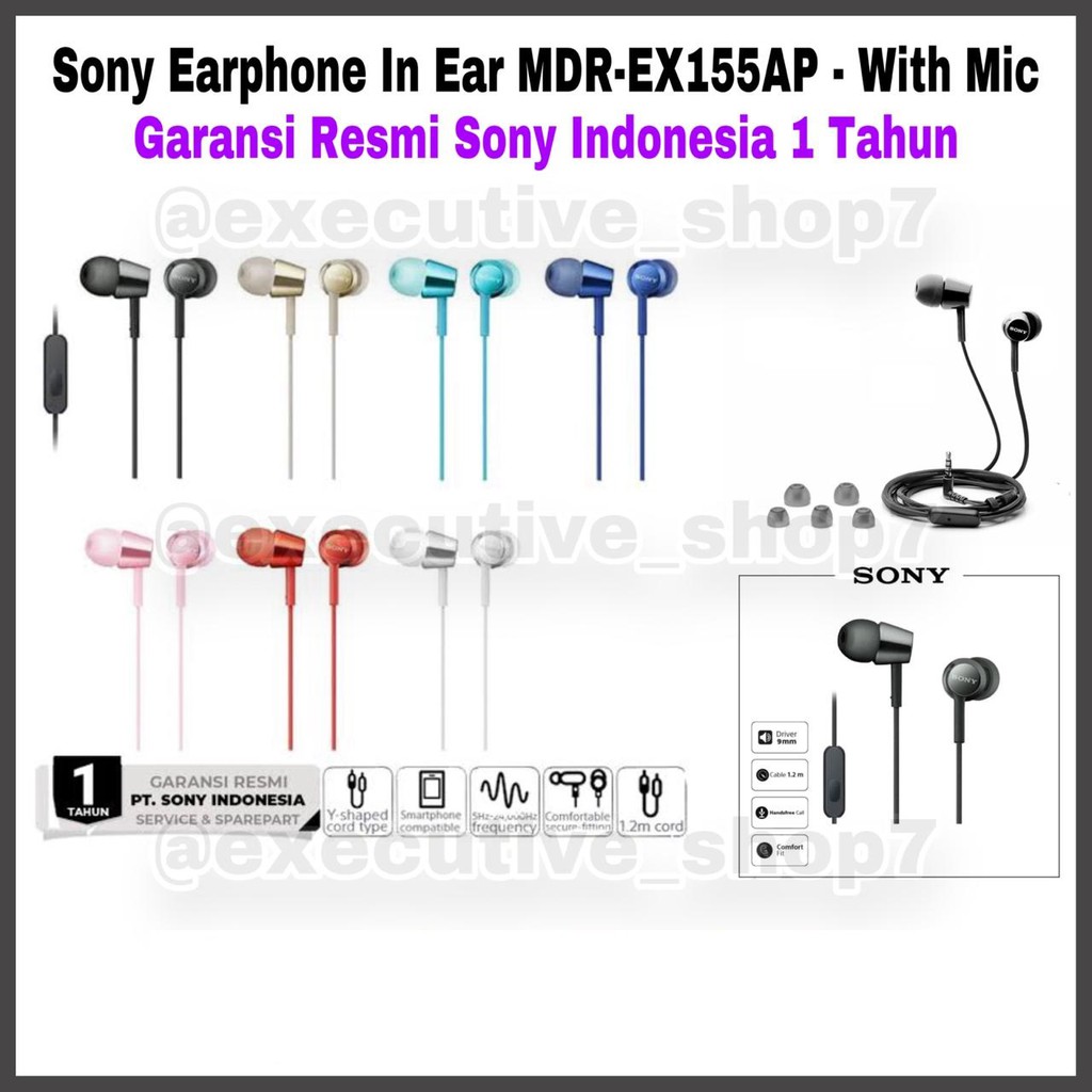 Sony Earphone In Ear MDR-EX155AP - MDR EX155AP - MDREX155AP - With Mic Garansi Resmi Sony 1 Tahun