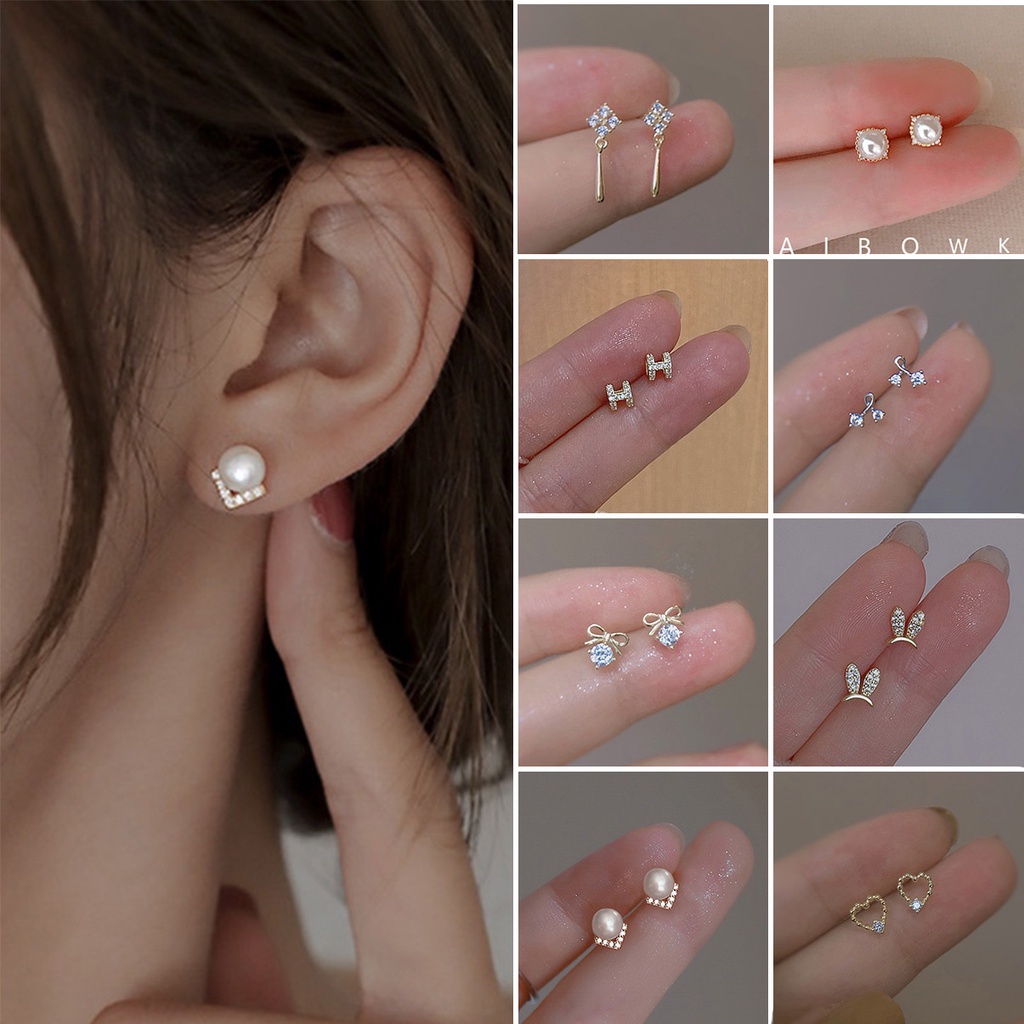 Korea Anting Berlian Mutiara Kecil Yang Indah S925 Perak Emas Perhiasan Fashion Wanita Anting Baja Titanium Earrings Stud