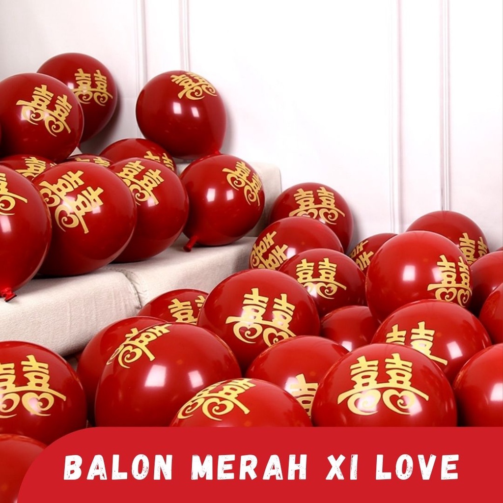 Balon Merah Wedding bahan TEBAL Motif huang Xi Kotak isi 10pcs