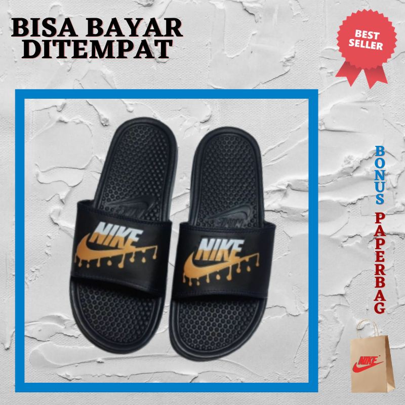 SENDAL NIKE BENNASI SLIDE HITAM GOLD HUJAN SPORT PRIA WANITA GRADE PREMIUM SELOP SLIP ON KASUL