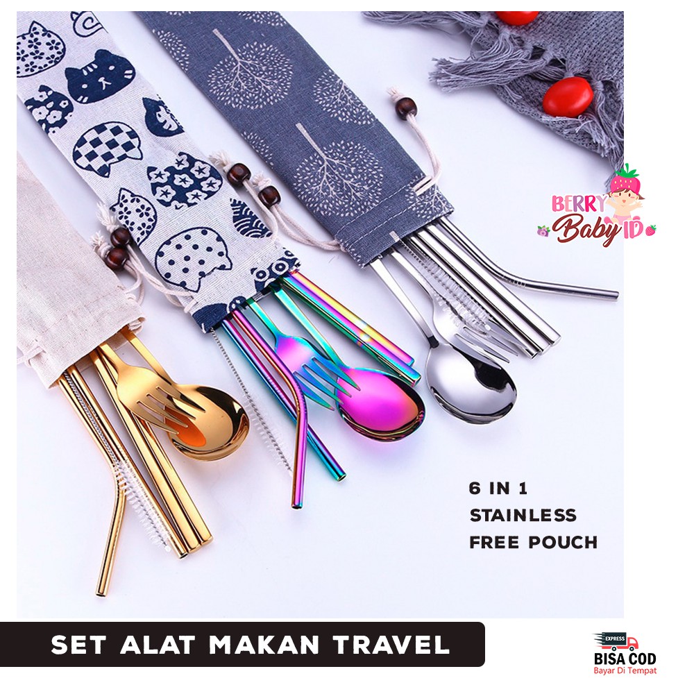 Berry Mart Travel Set 6-in-1 Sendok Garpu Sumpit Stainless Free Pouch Berry Mart