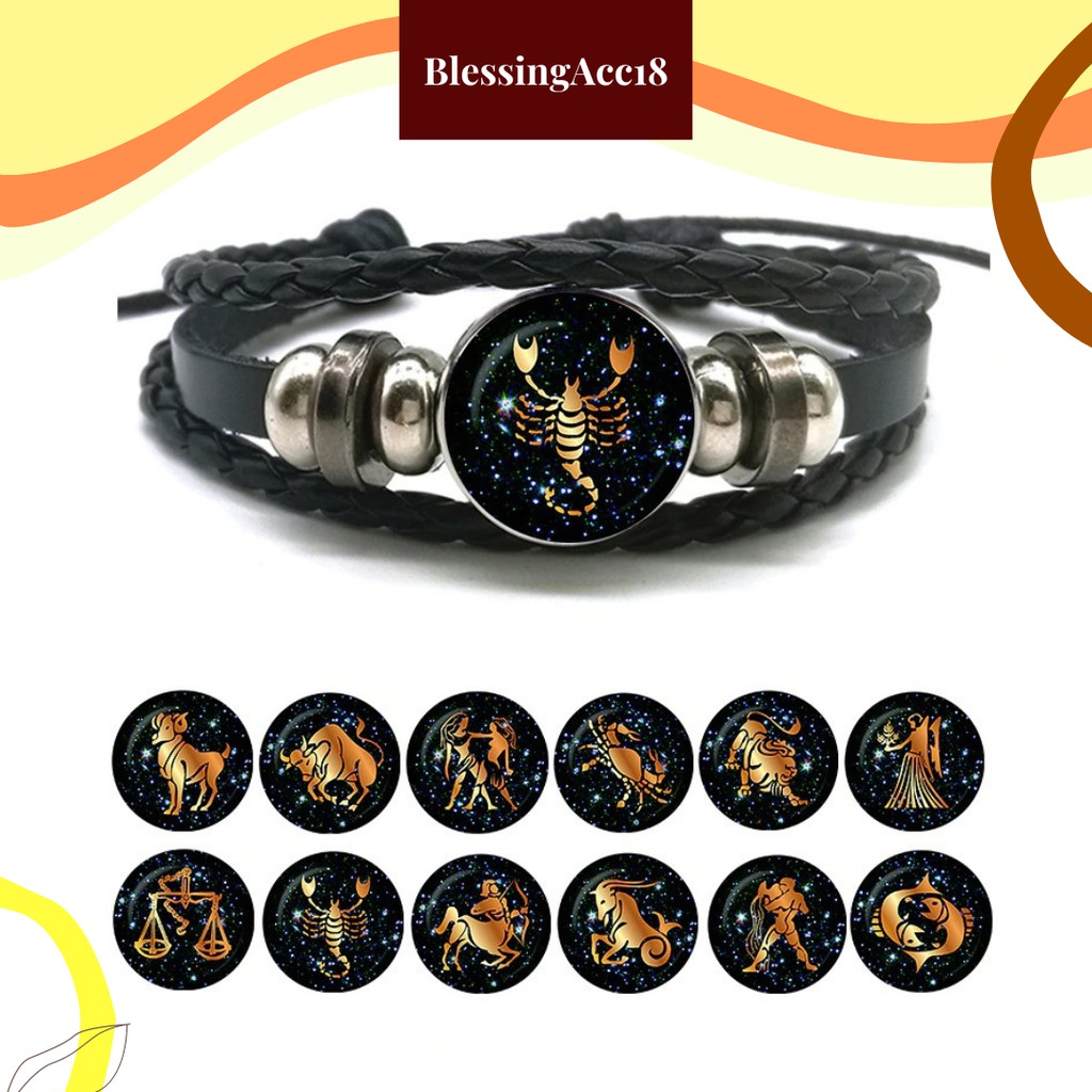 GELANG KONSTELASI : GELANG ZODIAK MANIK BATU PERMATA/TALI KULIT ETNIK TENUN/ GELANG KULIT PRIA