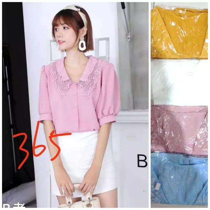 blouse putih / blouse kerah renda / lengan pendek putih / blouse renda / kerah boneka