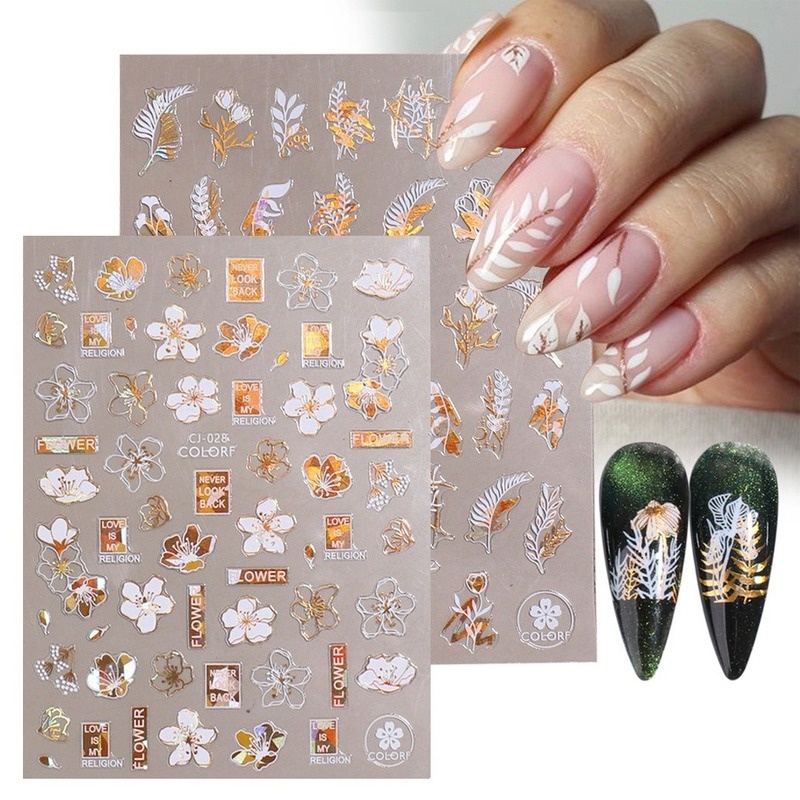 Stiker Nail Art Desain Wajah Abstrak Bunga Holografik Emas 3D Untuk Manicure