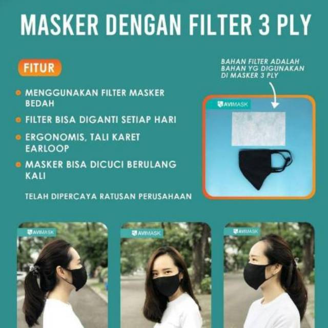 Masker AVIMASK masker kain filter 3 PLY antivirus + Filter Masker