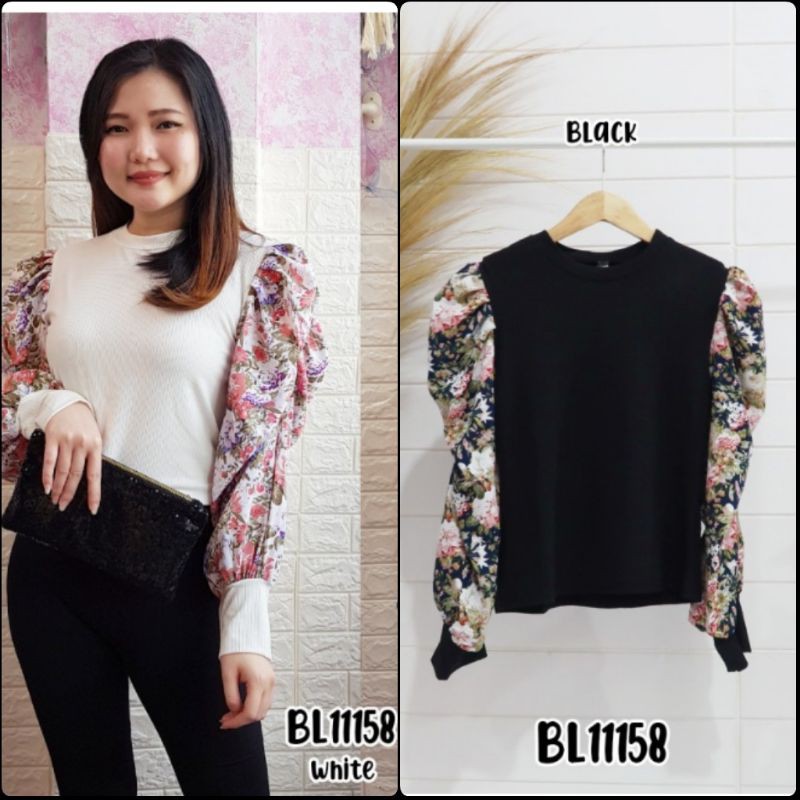 baju atasan blouse rajut lengan panjang balon bunga wanita import black white 11158
