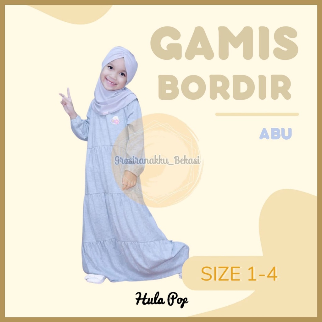 Gamis Kaos Anak Aplikasi Bordir Warna Abu Size 1-4Tahun