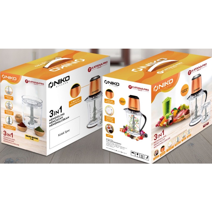 Penggiling 3 in 1 Food Chopper Mixer Niko Katana Pro Gold 2.5 Liter