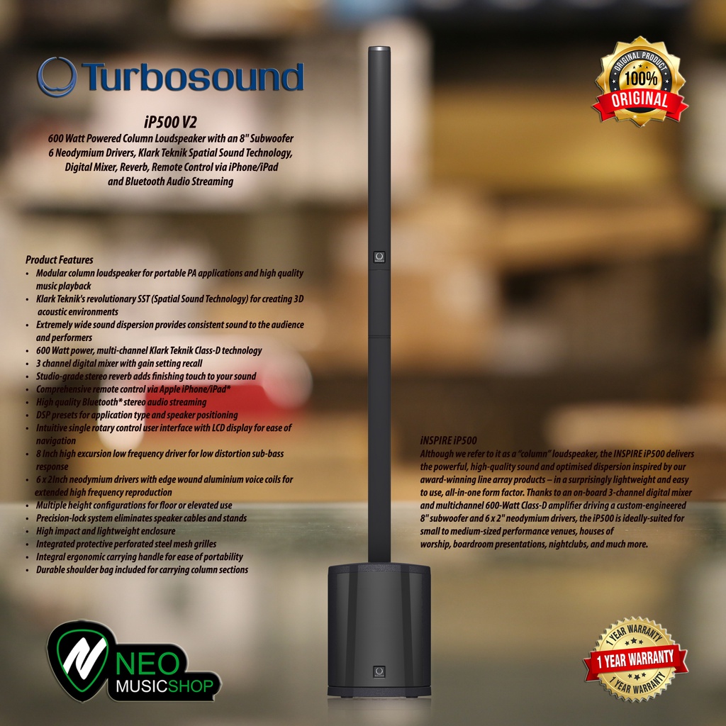 Turbosound iP500 600 Watt Powered Column Loudspeaker with 8" Subwoofer