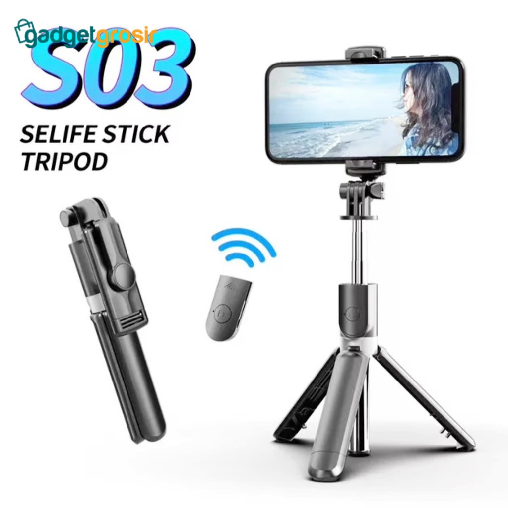 Tongsis Tripod Bluetooth S03 3IN1 Stand HP Selfie Stick Remote BT Support Smartphone IOS Android