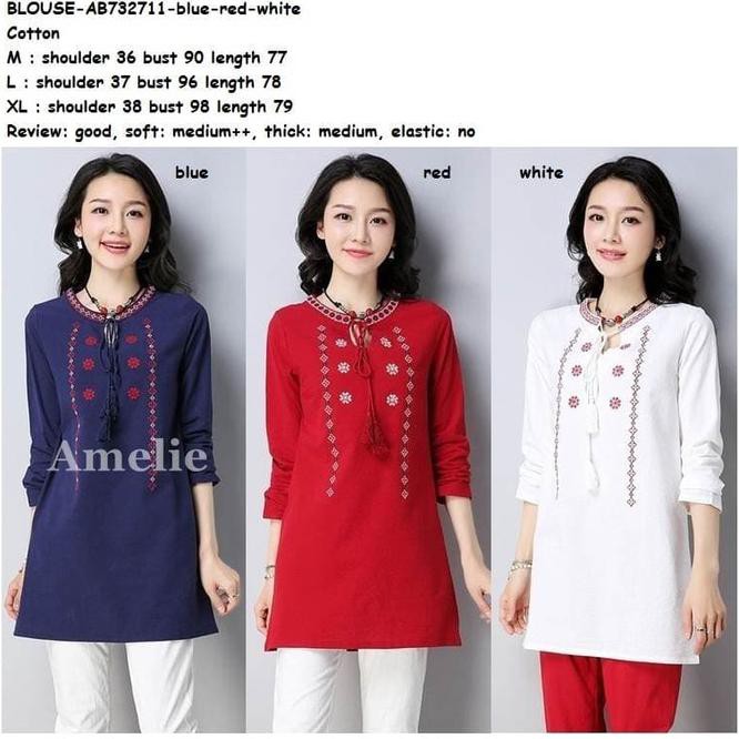 Baju Atasan Lengan Blouse Boho Bohemian Etnik Tunik Import Merah Putih /Fashion Muslim Wanita