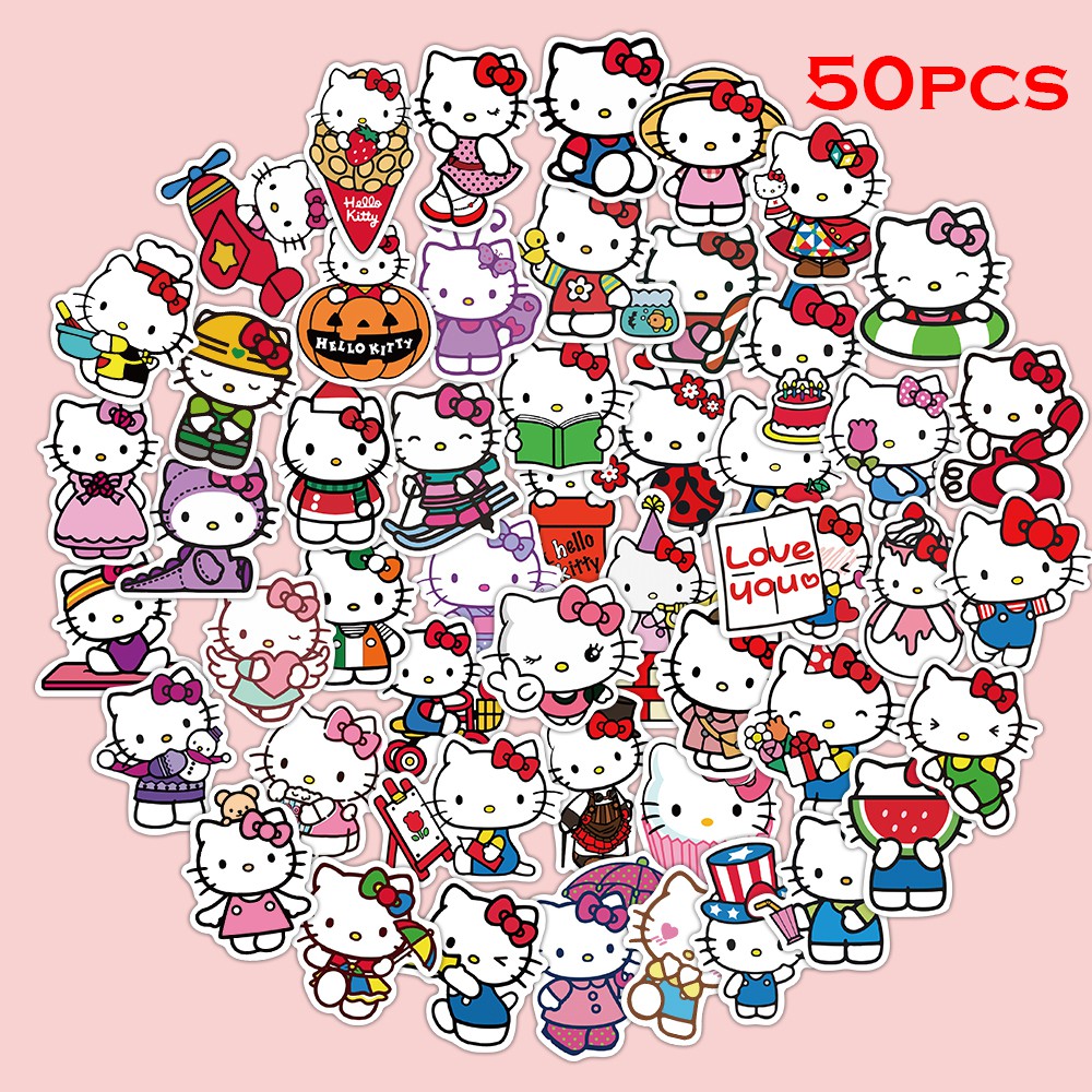 50pcs Stiker Motif Hello Kitty Bahan PVC Untuk Laptop Skateboard Mobil Motor Kulkas