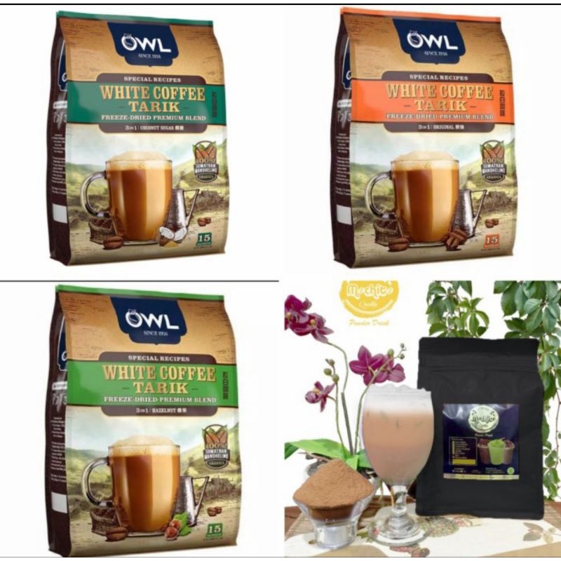 

OWL WHITE COFFEE TARIK 3 IN 1 per pack isi 15 sachet/ORIGINAL/HAZELNUT/COCONUT SUGAR