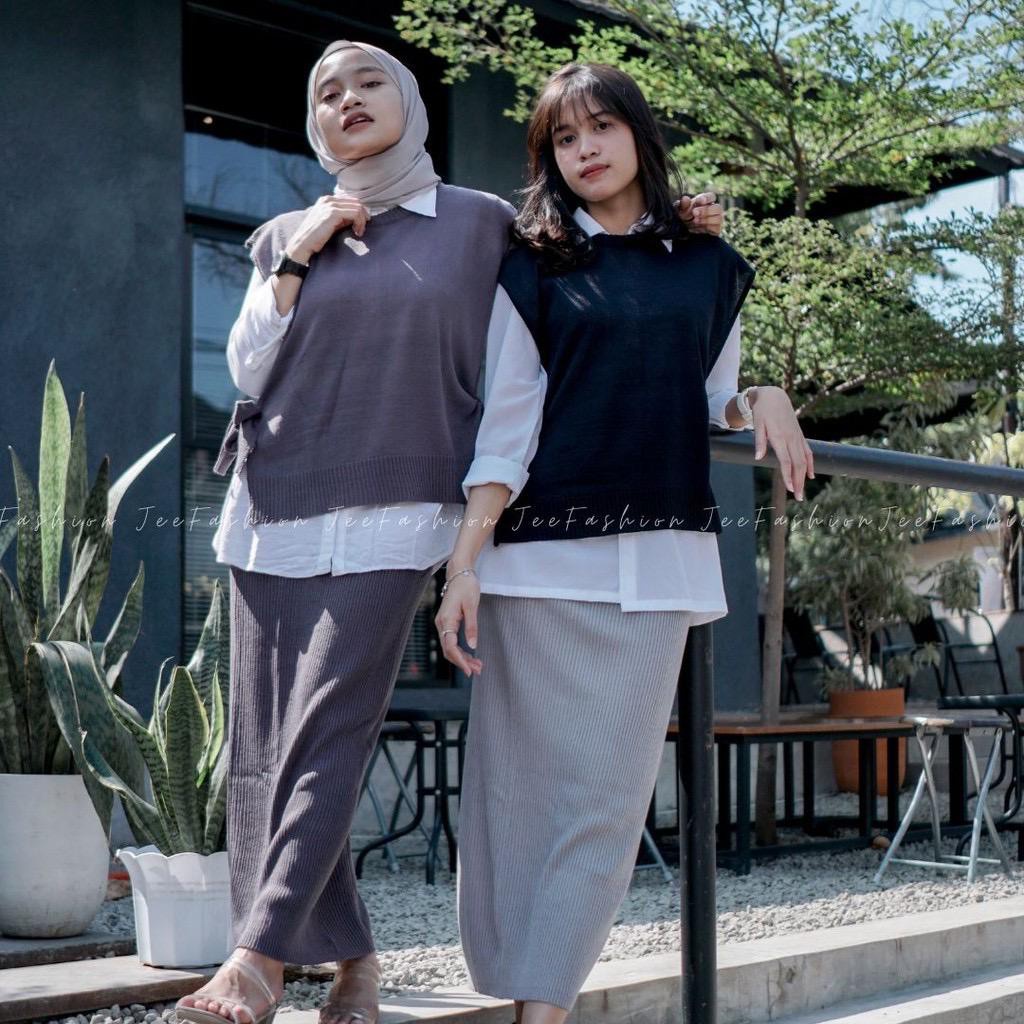 SATU SET ROK RAJUT SPAN WANITA + ROMPI VEST TALI ANDIEN