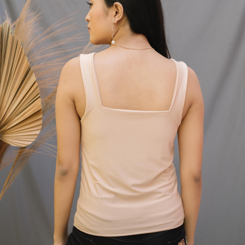 Firstact TANKTOP TANK TOP TANGTOP WANITA POLOS BASIC TALI BESAR SQUARE SPANDEK JERSEY-Sand