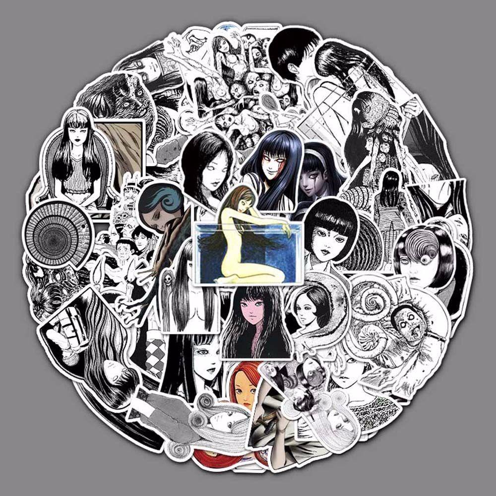 Needway  Kids Gift Horror Comic Sticker Waterproof Decorative Stickers Kawakami Tomie Sticker Cartoon Character Graffiti Stickers Stationery Sticker Black and White Car Stickers 50pcs/pack Anime Stickers