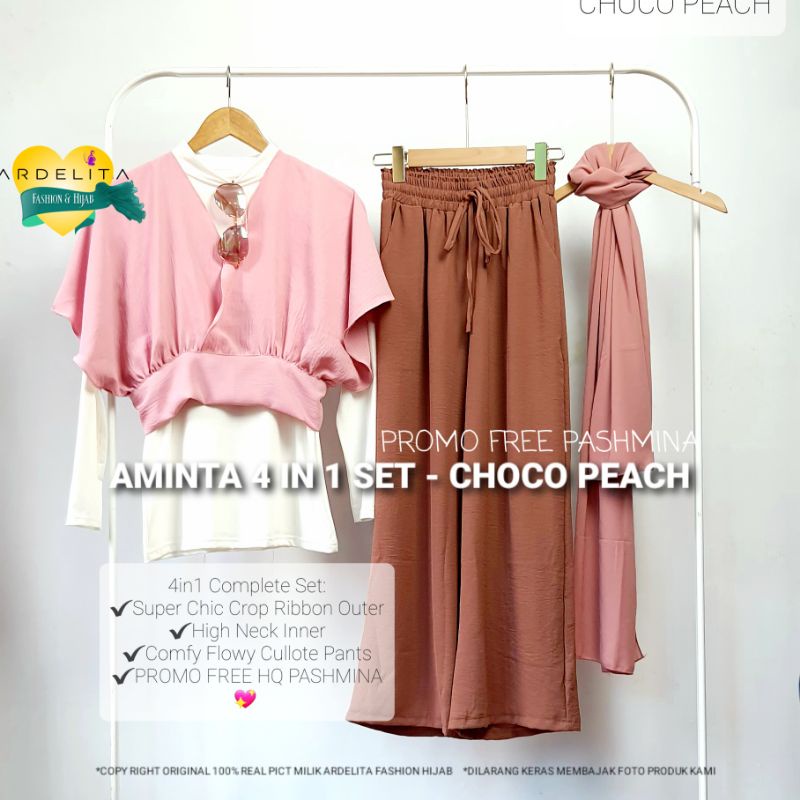 PROMO GRATIS JILBAB - AMINTA 4IN1 SET SETELAN WANITA TERBARU OOTD HIJAB SELEGRAM KEKINIAN TERKEREN TERBAIK BAJU WANITA MURAH BAGUS PREMIUM UNTUK LEBARAN 2022 SETCEL MEWAH NYAMAN DIPAKAI-AMINTA CHOCO PEACH