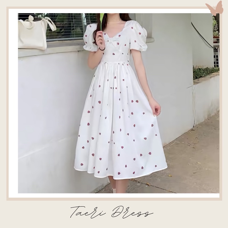 BKY - Korean Midi Dress Puff Sleeves Heart Shaped Neckline - TaeRi