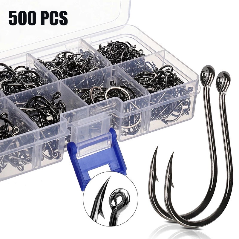 [500 Pcs 3#-12# 10 Sizes Assorted Sharpened Carbon Steel Fishing Hooks with Tackle Box][Fly Fishing Single Circle Fishhook][Barbed Carp Hooks]