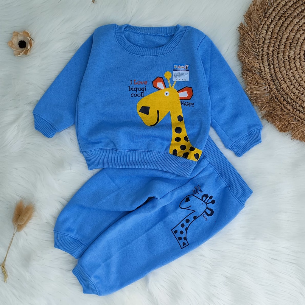 Setelan sweater bayi murah motif jerapah / Setelan bayi murah / Baju hangat bayi fleece tebal