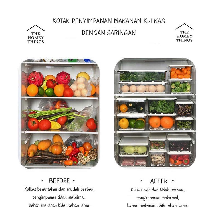 KOTAK PENYIMPANAN MAKANAN KULKAS PET DENGAN SARINGAN / BOX KONTAINER KULKAS / FOOD STORAGE / TEMPAT PENYIMPANAN MAKANAN