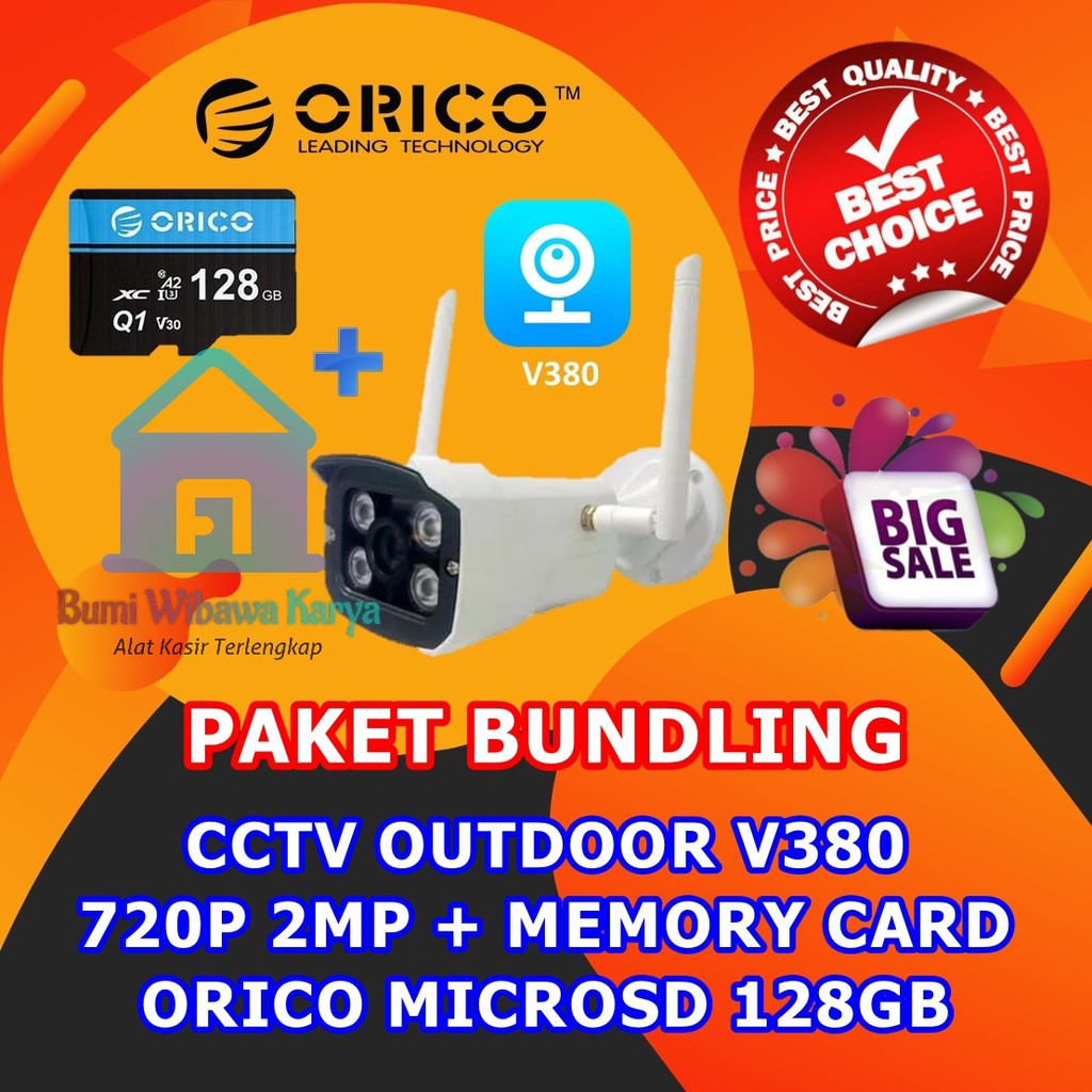 CCTV OUTDOOR V380 720P 2MP + MEMORY CARD ORICO MICROSD 128GB HEMAT
