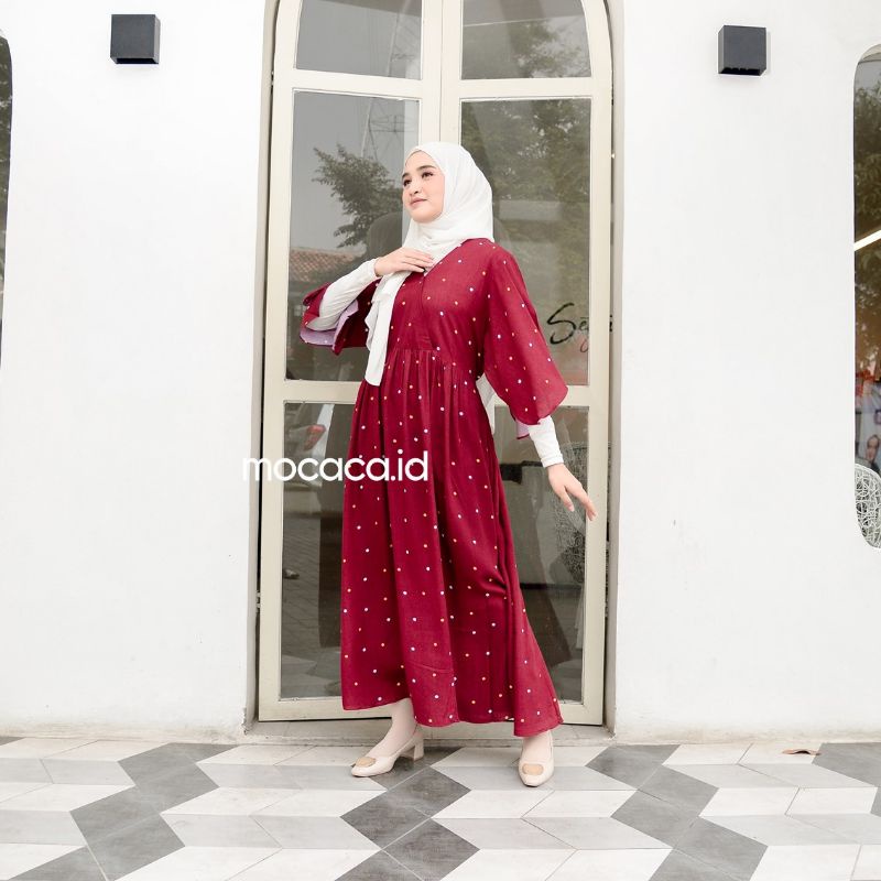 Dress Bahan Rayon Model Unik polkadot maroon polka kimono batwing lengan terompet tali pinggang