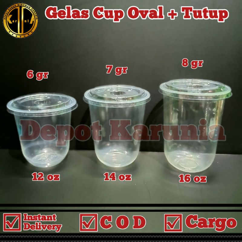 (50pcs) Gelas Plastik Cup Oval 14 Oz, 16 oz + (50pcs) Tutup Datar Putih Susu