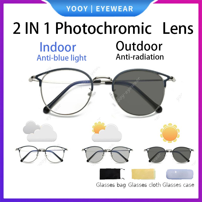 Kacamata Photocromic Korea / Anti Radiasi 2 In 1 Potokromik Photochromic Kacamata Bingkai logam bulat