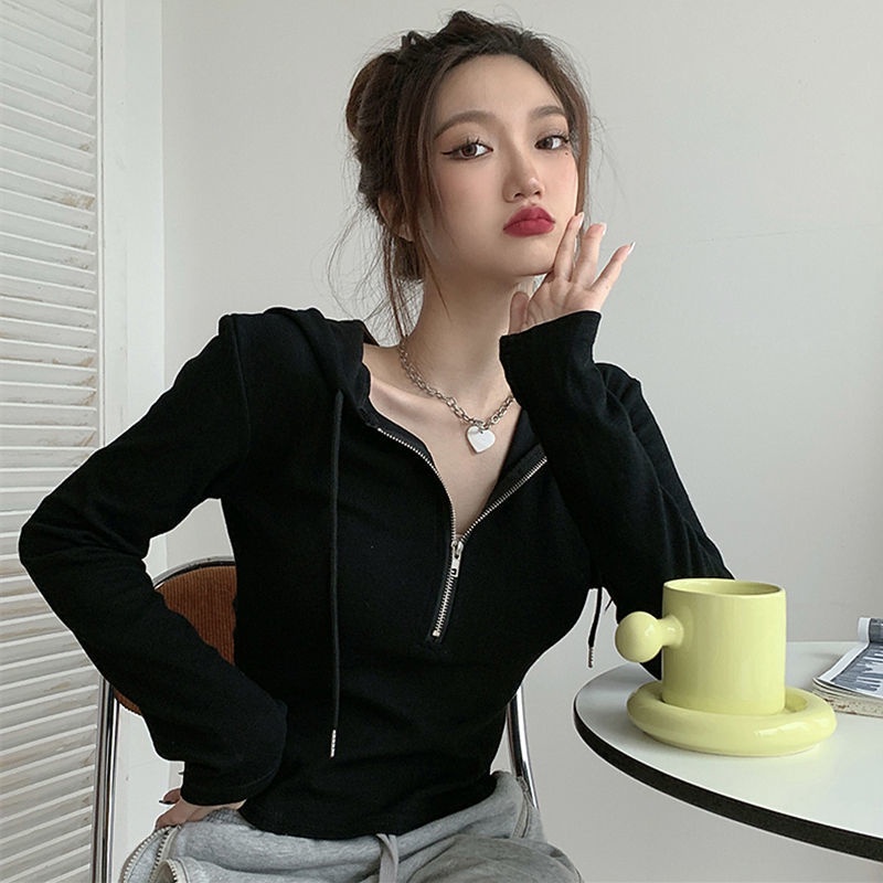 Suhao Pure Desire Top Wanita Sweater Musim Semi Baru Fashionable Tinggi Pinggang Slim Hooded Lengan Panjang