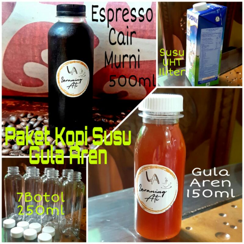 

PAKET LENGKAP KOPI SUSU GULA AREN: ESPRESSO 500ML+GULA AREN150ML+SUSU UHT1L+7BOTOL 250ML