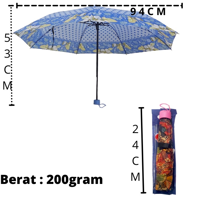 Payung Lipat Kuat Kokoh Murah Anti Angin Motif Variasi Kotak Kembang - Payung Lipat 3 Kecil Masuk Tas Simple