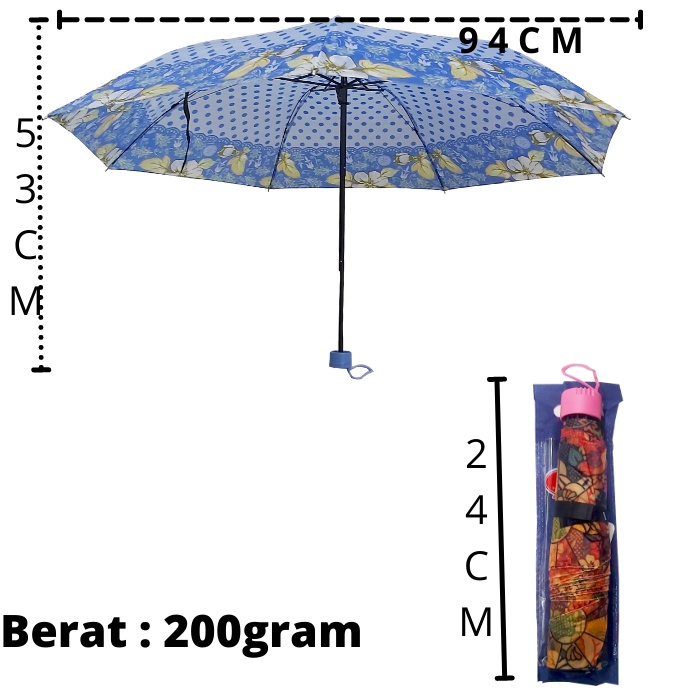 Payung Lipat Premium Kuat Kokoh Anti Angin Anti Karat Rangka Hitam - Payung Lipat 3 Motif Variasi Kembang Kotak Kualitas Bagus