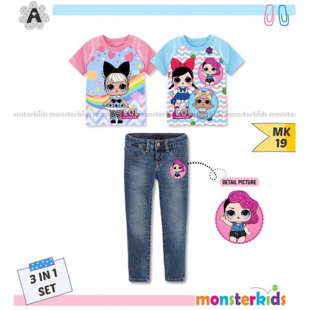 Baju Setelan LOL Teenager 3in1 Celana Jeans Panjang Kaos LOL Impor Baju Anak Perempuan Teen Branded