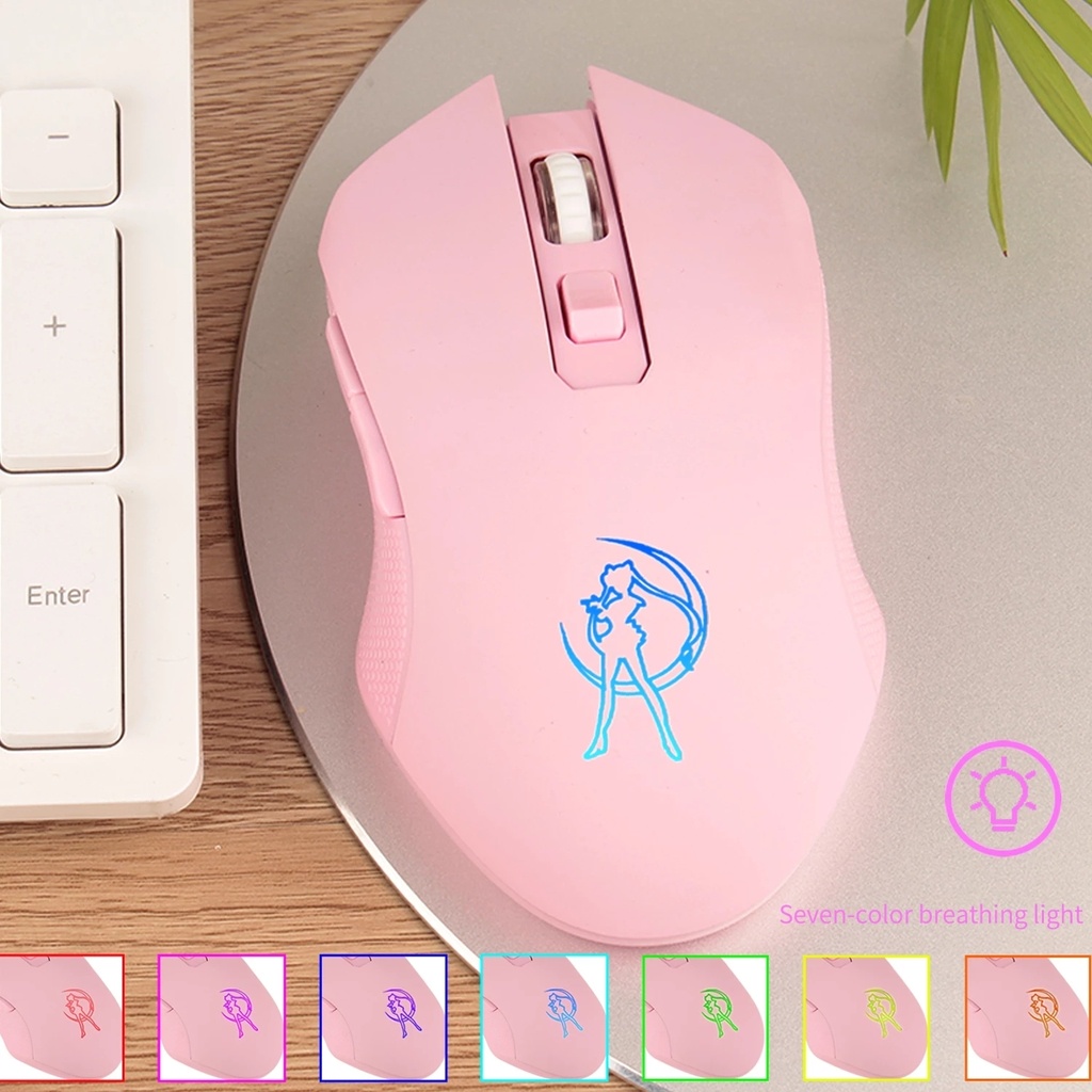 Mouse Gaming Optical 3200dpi Wireless Rechargeable Desain Sailor Moon Warna-Warni Untuk Wanita