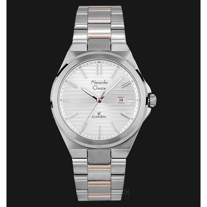 Alexandre Christie Classic Steel AC 8563 MD BTRSL Men Silver Pattern Dial Dual Tone St. Steel Strap